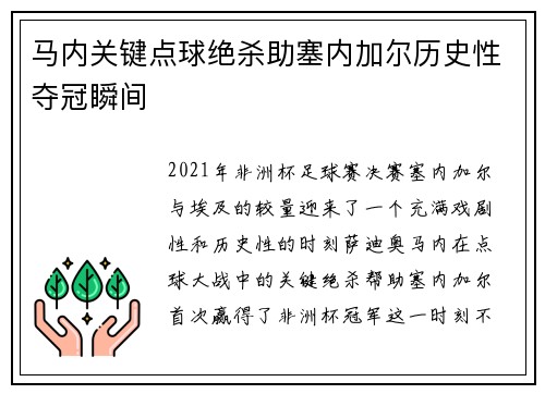 马内关键点球绝杀助塞内加尔历史性夺冠瞬间